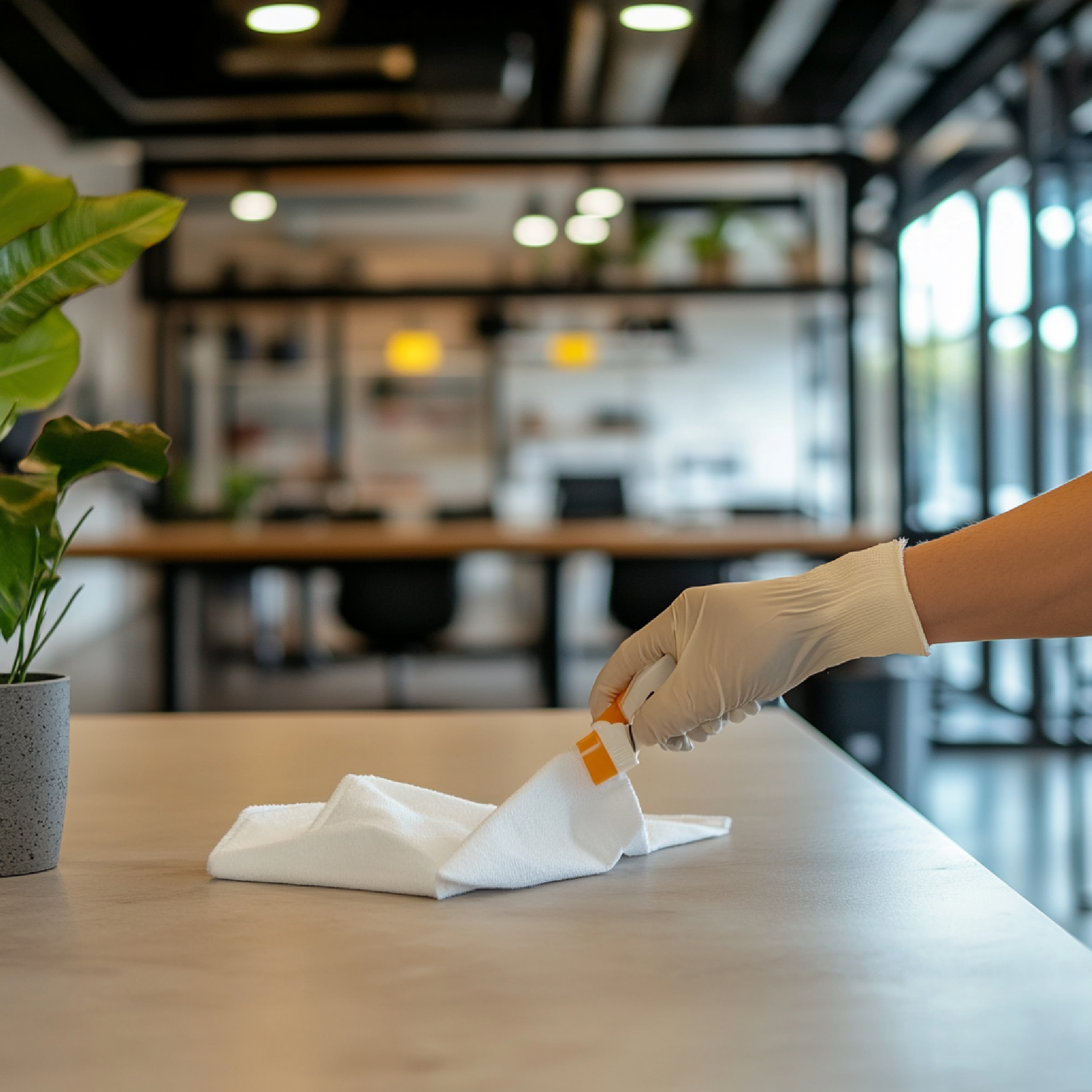 person cleaning sanitizing shared workspace with antibacterial wipes