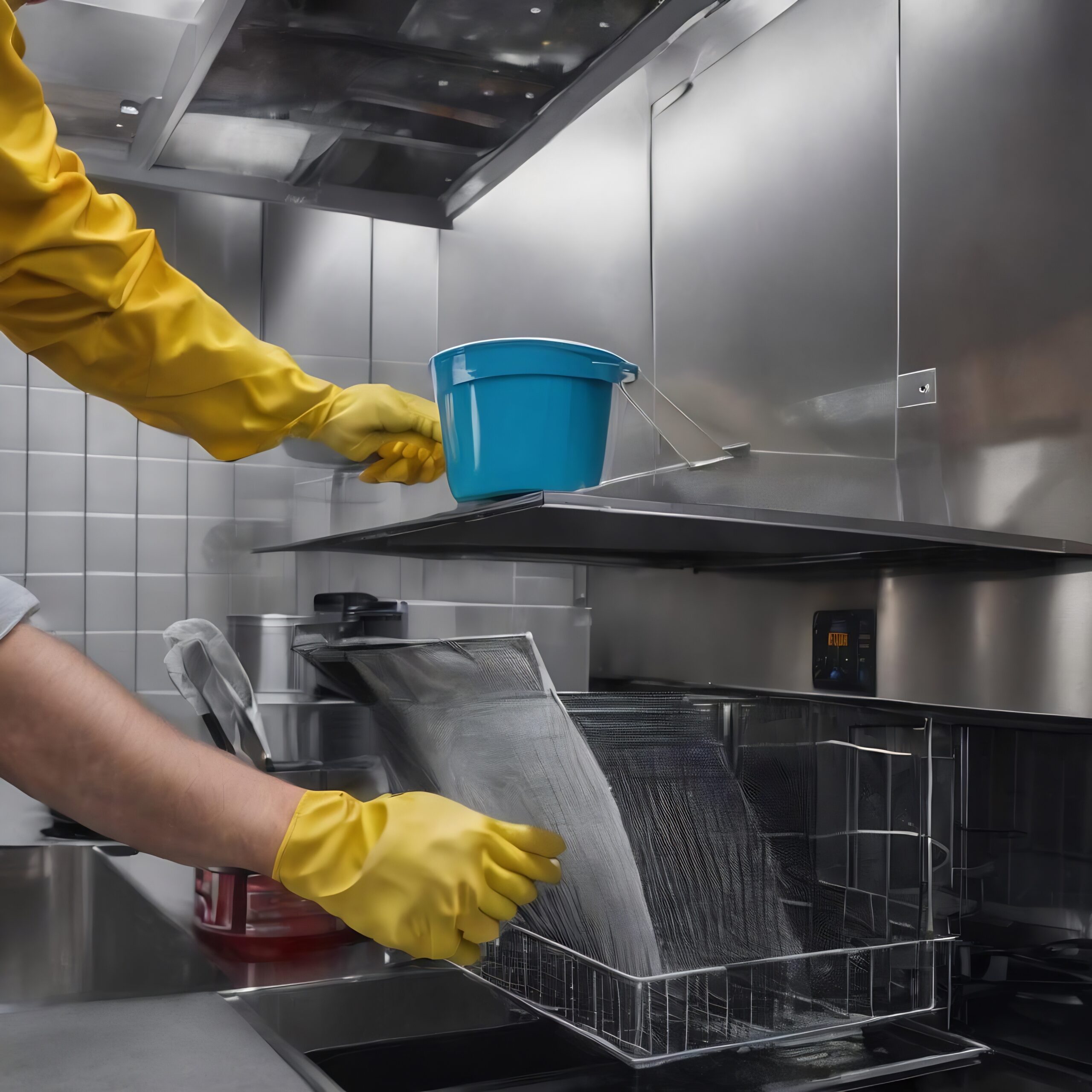 professional janitor cleaning mesh filter cooker hood kitchen closeup